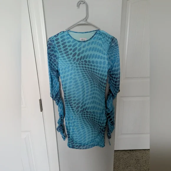 Oh Polly Dress Long sleeve printed mesh mini dress in blue